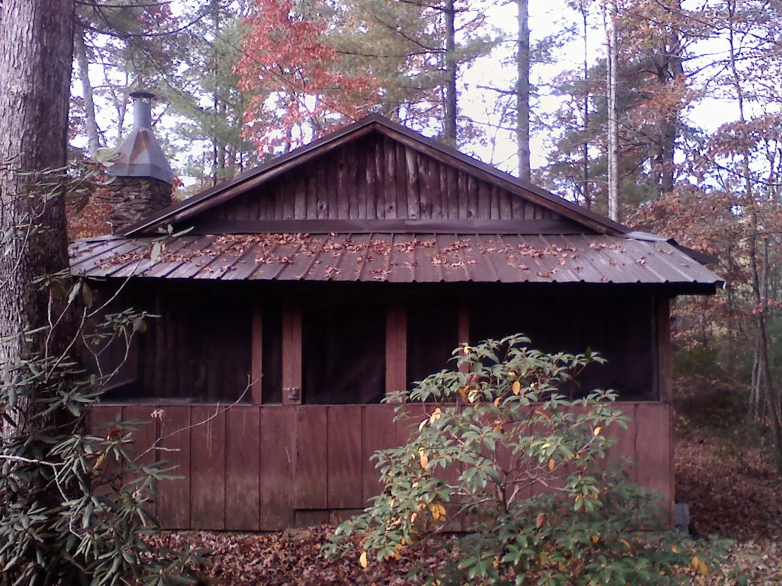 Metal roof over the screened porch of a rustic cabin in Post Falls